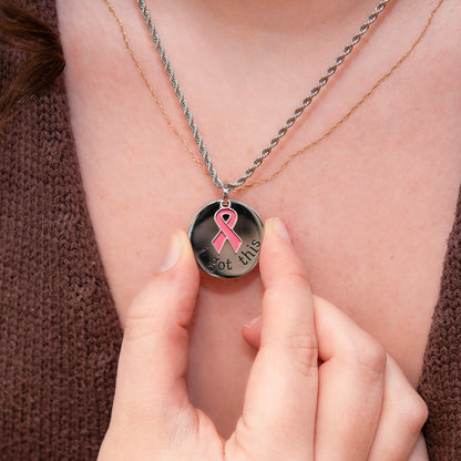 I Got This Stainless Steel Dog Tag Necklace with Pink Ribbon Pendant - Inspirational Breast Cancer Awareness Jewelry Gift