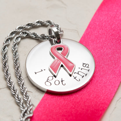I Got This Stainless Steel Dog Tag Necklace with Pink Ribbon Pendant - Inspirational Breast Cancer Awareness Jewelry Gift