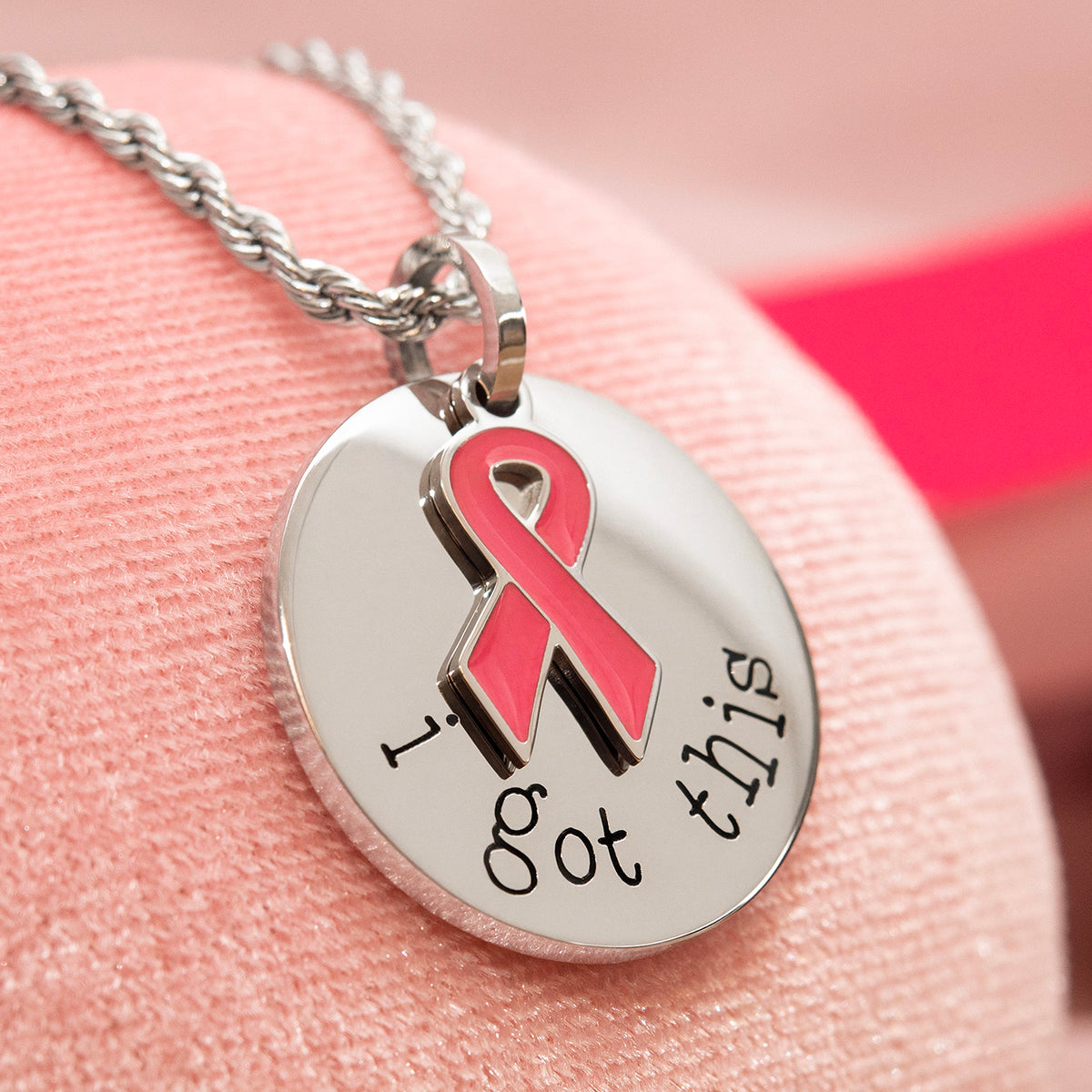 I Got This Stainless Steel Dog Tag Necklace with Pink Ribbon Pendant - Inspirational Breast Cancer Awareness Jewelry Gift