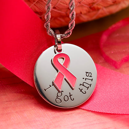 I Got This Stainless Steel Dog Tag Necklace with Pink Ribbon Pendant - Inspirational Breast Cancer Awareness Jewelry Gift