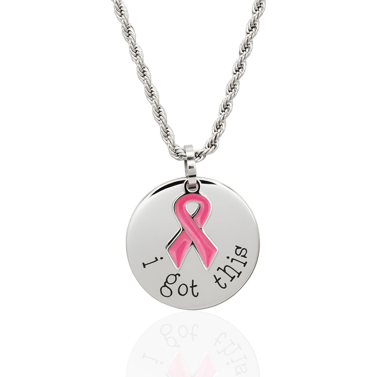 I Got This Stainless Steel Dog Tag Necklace with Pink Ribbon Pendant - Inspirational Breast Cancer Awareness Jewelry Gift