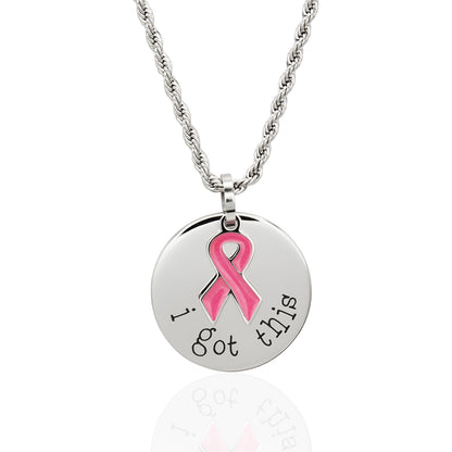 I Got This Stainless Steel Dog Tag Necklace with Pink Ribbon Pendant - Inspirational Breast Cancer Awareness Jewelry Gift