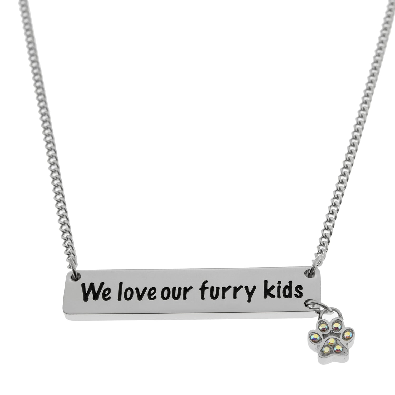 We Love Our Furry Kids Engraved Bar Pendant Necklace with Paw Print Charm