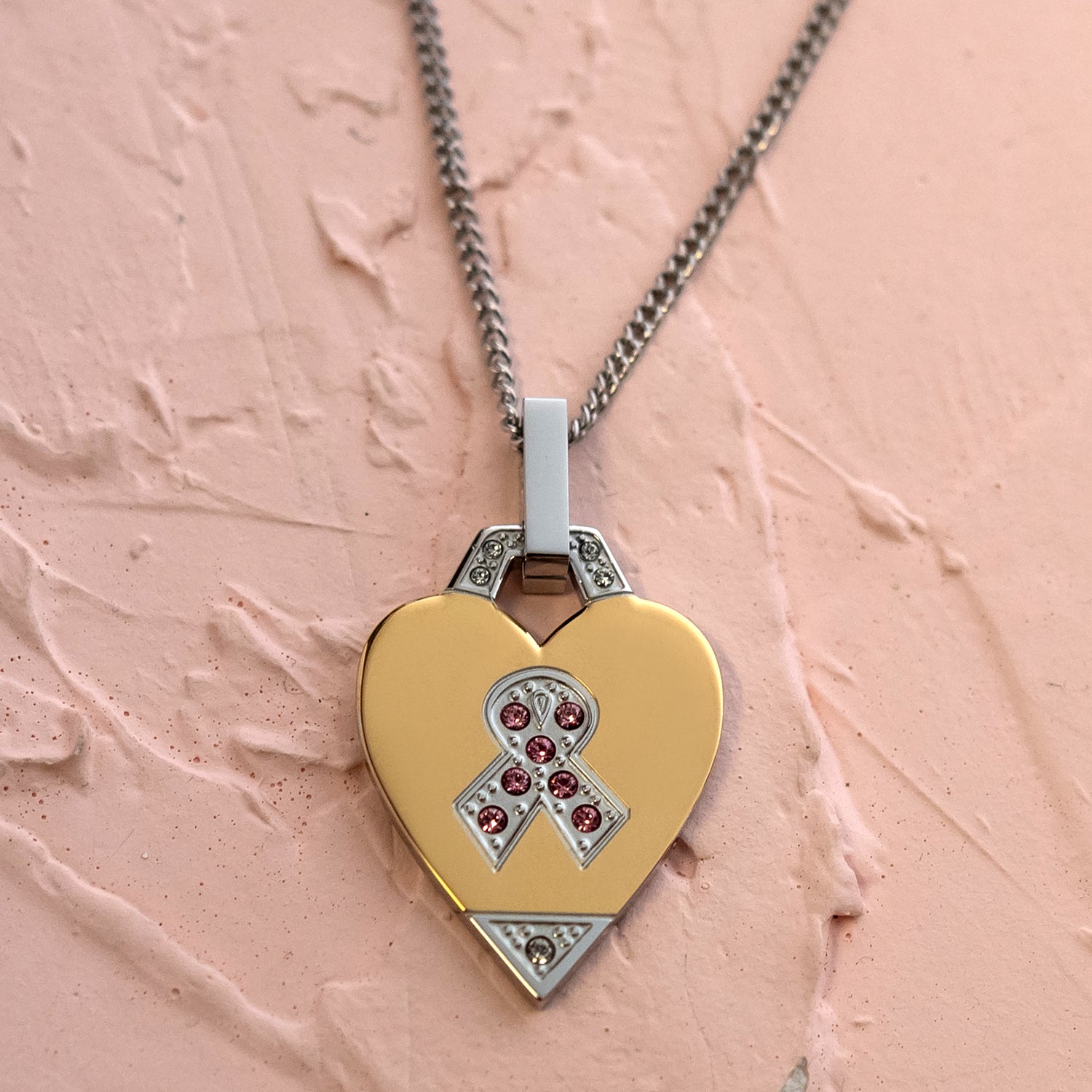 Two Tone Gold Heart Cancer Awareness Ribbon Pendant Necklace with Pink Crystals