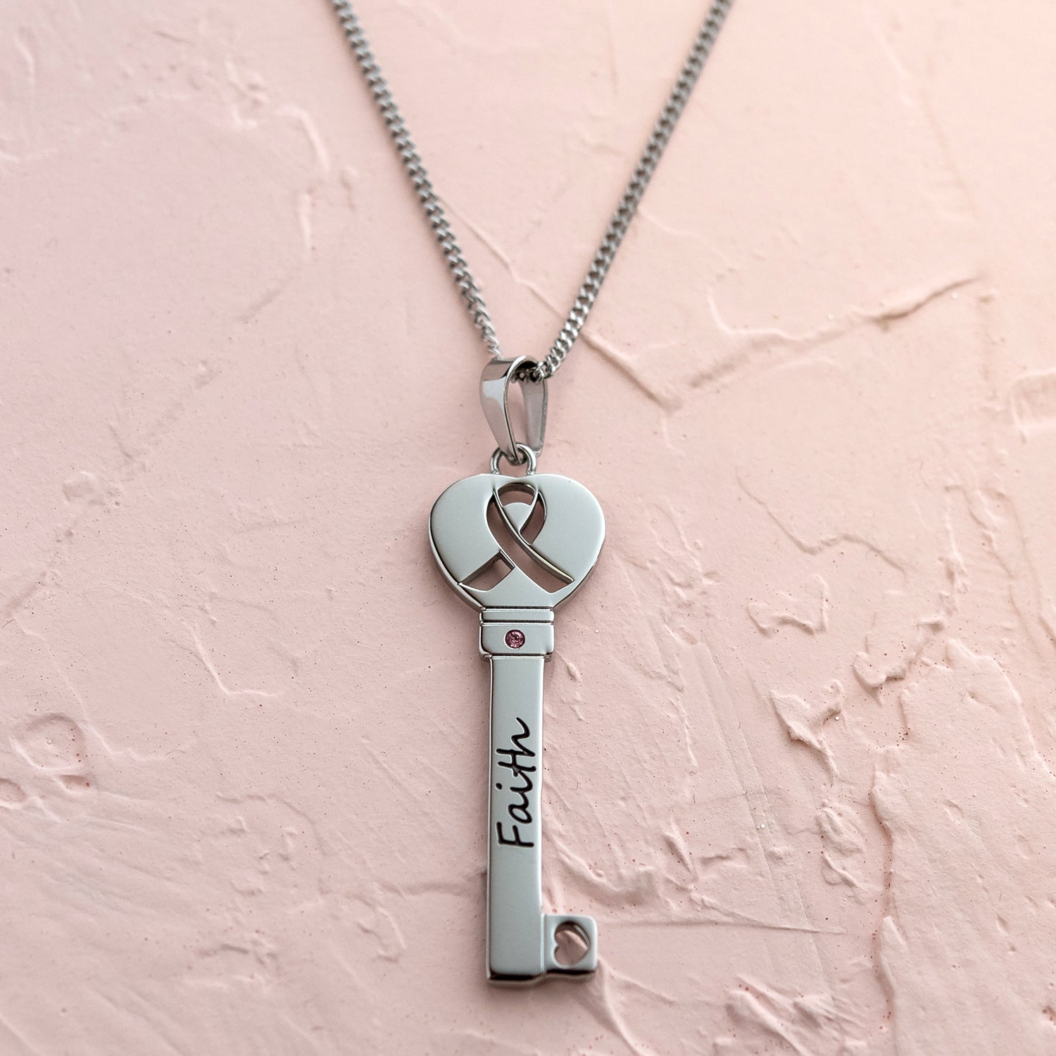 Inspirational "Faith" Key Pendant Necklace with Pink Crystal and Awareness Ribbon