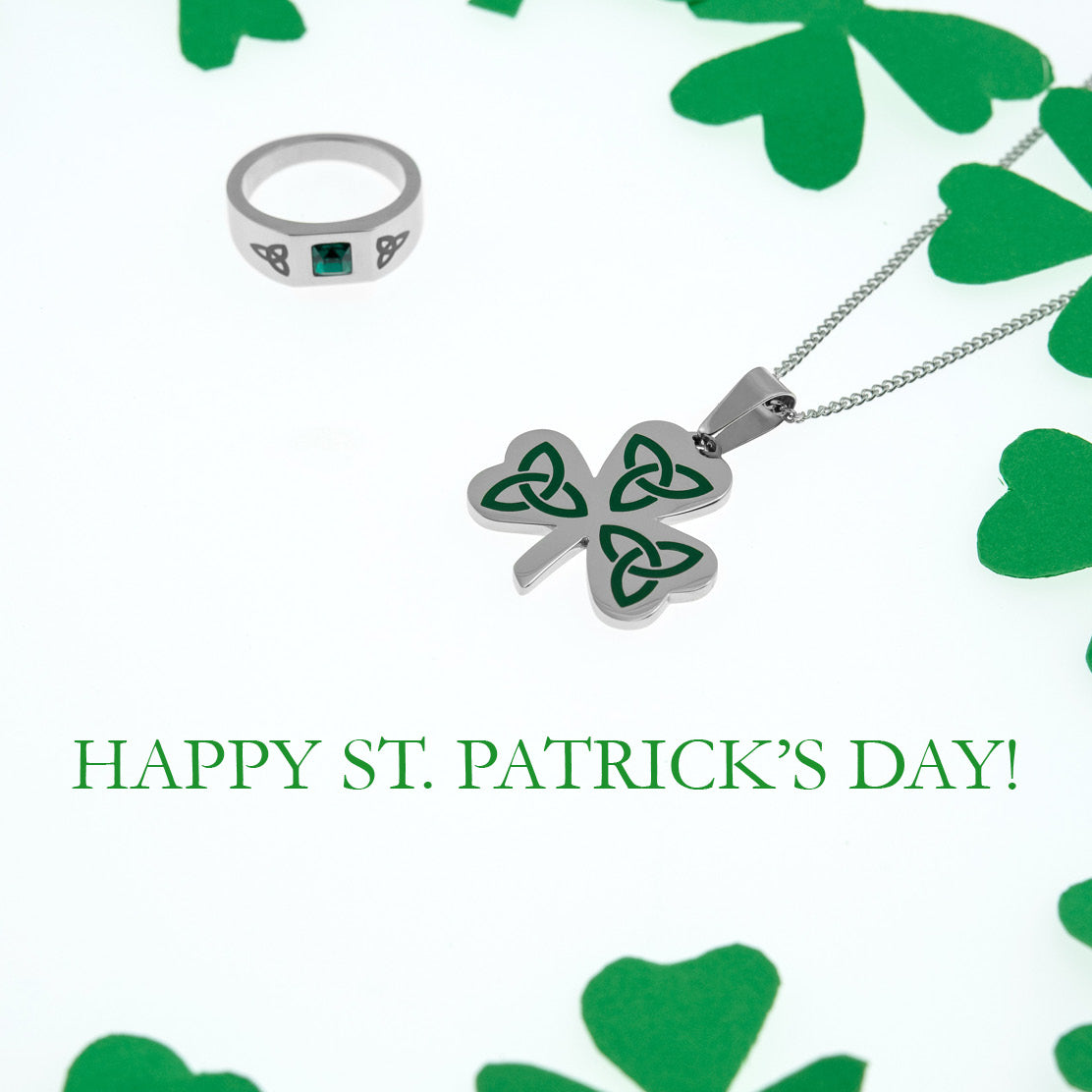 Celtic Trinity Knot Stainless Steel Ring with Emerald Crystal Stone