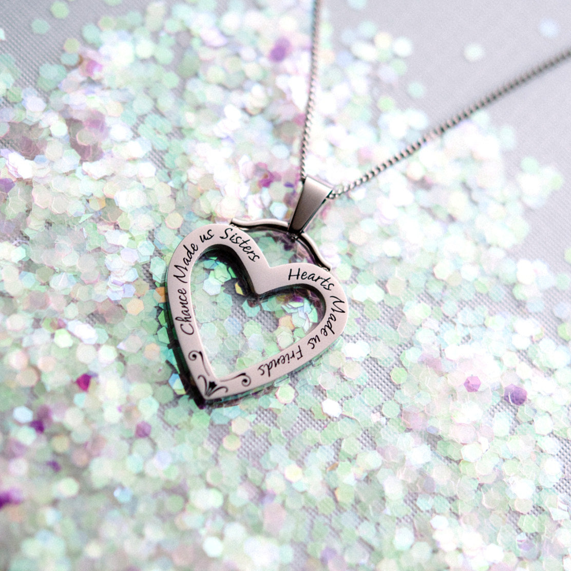 Sister Jewelry Heart Pendant "Chance Made Us Sisters, Hearts Made Us Friends" Open Heart Pendant Necklace, Perfect Sentimental Gift for Sister Woman Friend