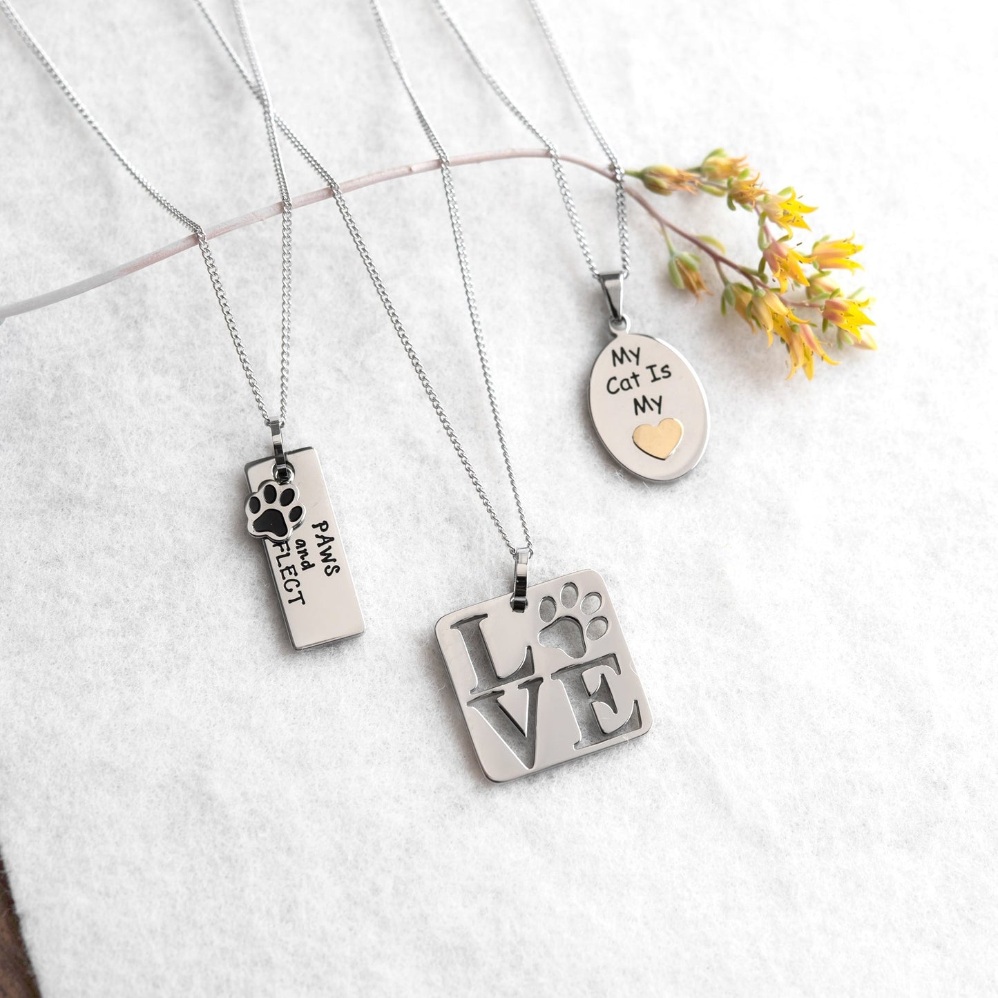 Pet Love Paw Print Square Pendant Necklace in Stainless Steel