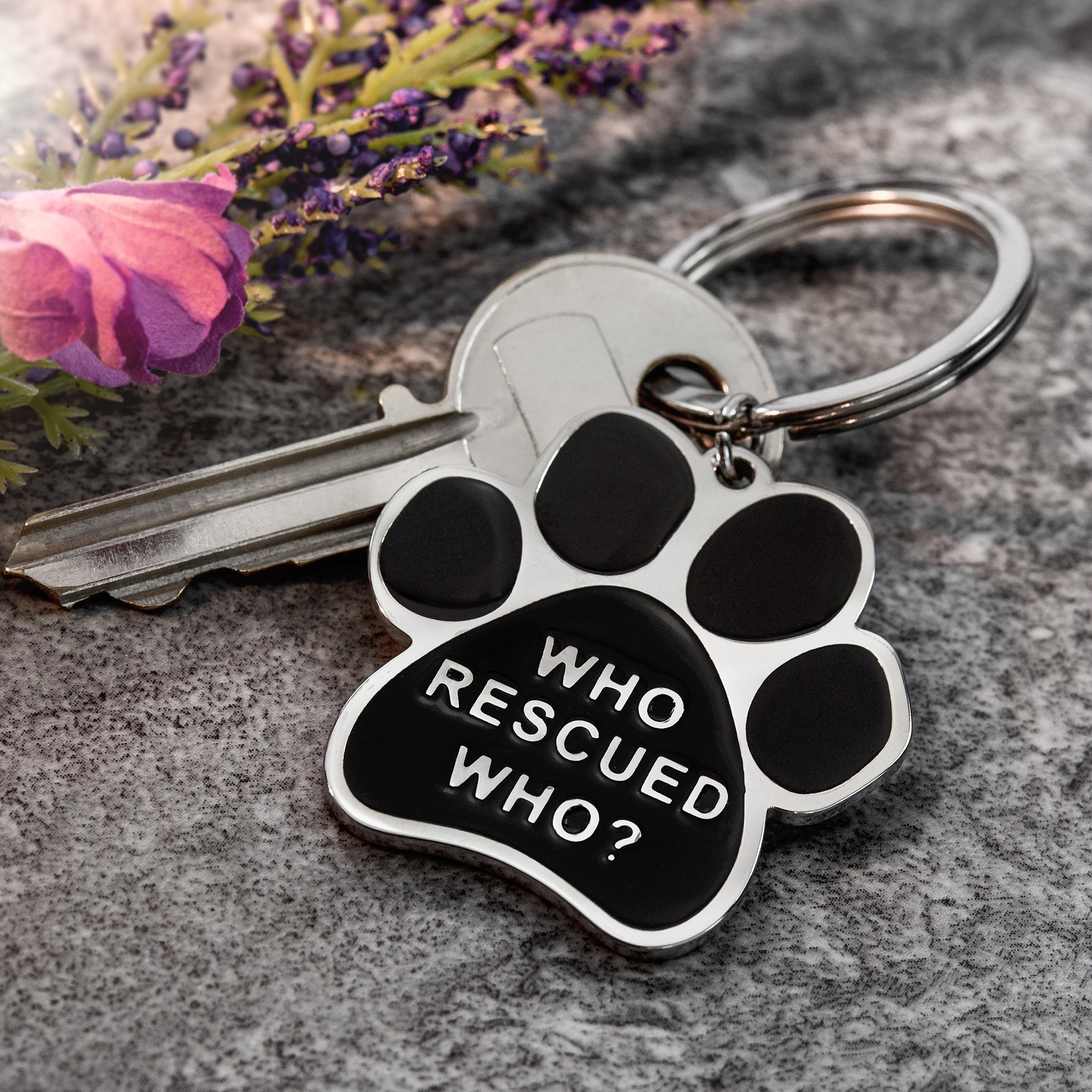 Who Rescued Who Paw Print Stainless Steel Pet Rescue Keyring