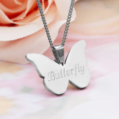 Butterfly Pendant Necklace Symbol of Transformation and Hope Stainless Steel Etched Design