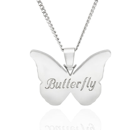 Butterfly Pendant Necklace Symbol of Transformation and Hope Stainless Steel Etched Design