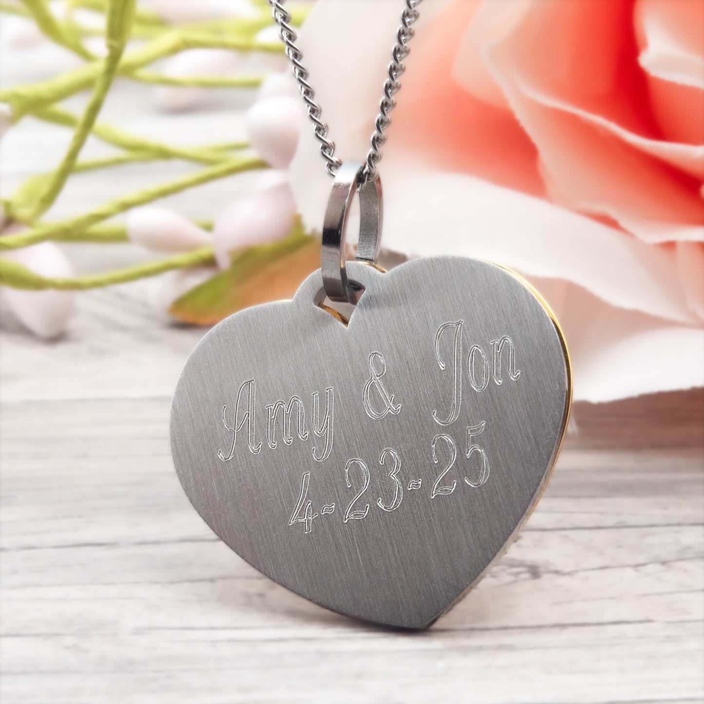 Gold Rose Heart Pendant Necklace - Engraved "Words Can't Tell How Much I Love You"