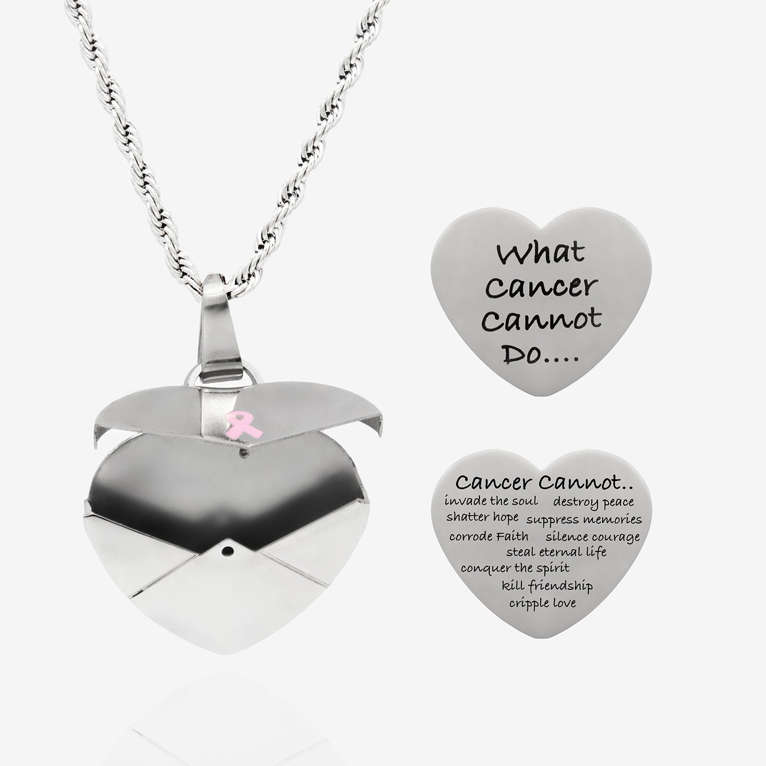 Ancer Locket Women's Pink Ribbon Heart Locket Necklace - Stainless Steel Breast ...