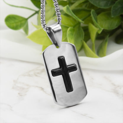 Stainless Steel Dog Tag Cross Pendant Necklace with Black Onyx - Religious Jewelry for Men or Women