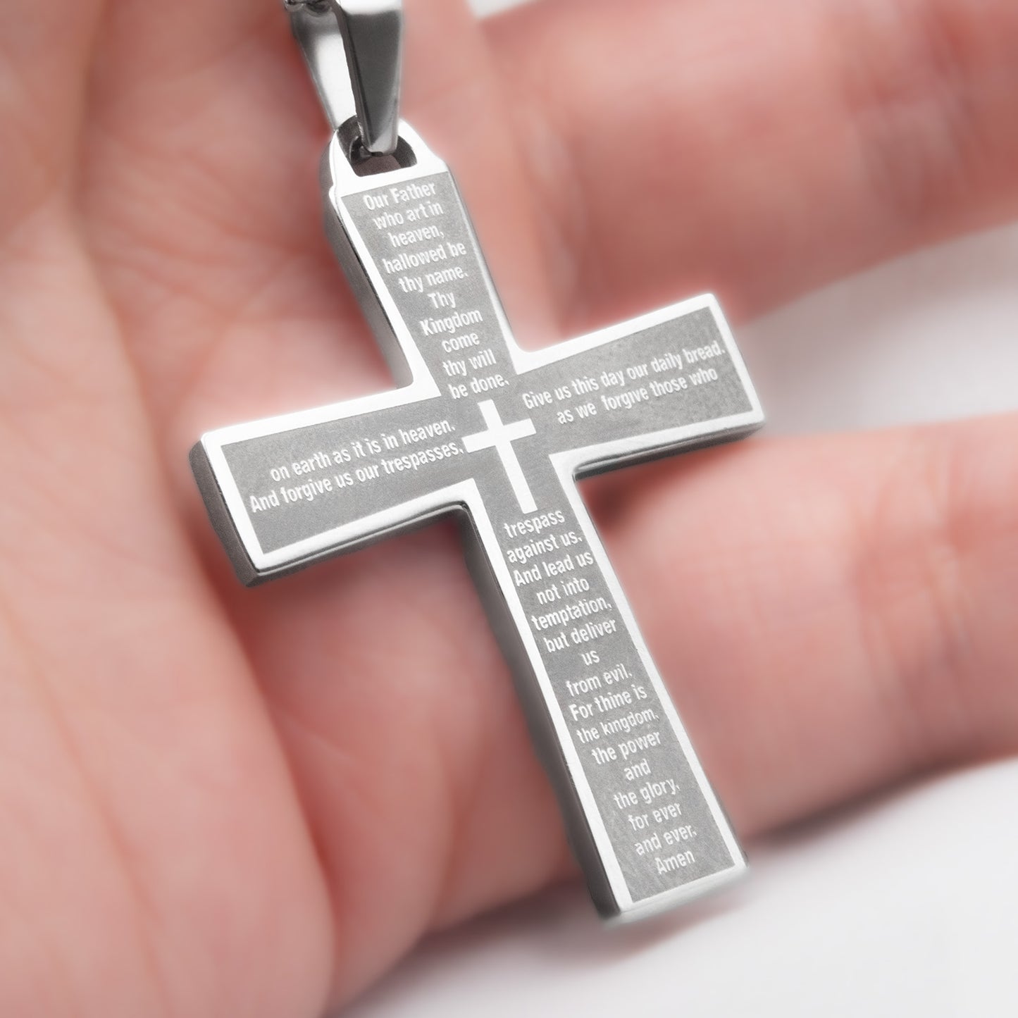 Stainless Steel Lord's Prayer Cross Pendant Necklace - Religious Jewelry Gift
