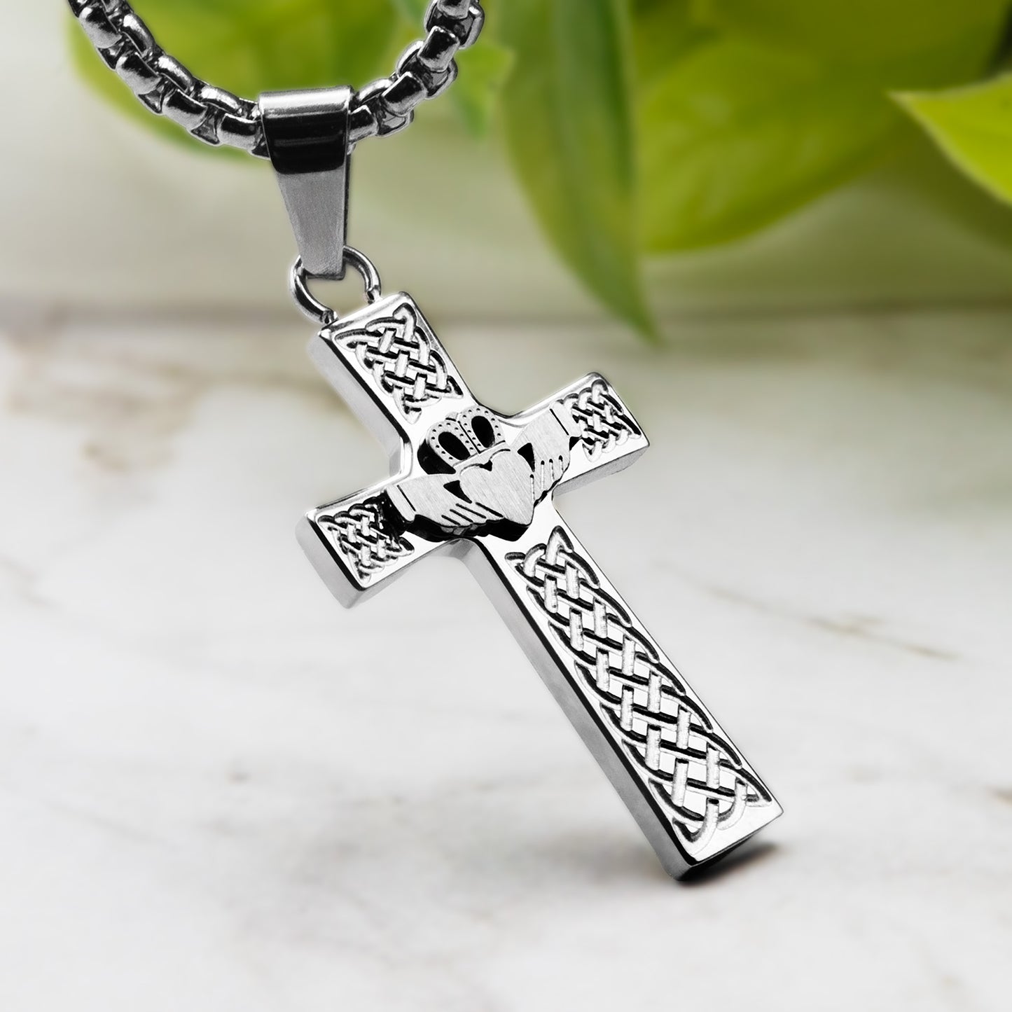 Celtic Claddagh Cross Religious Pendant Necklace Irish Symbol of Love, Loyalty & Friendship Stainless Jewelry for Women or Men