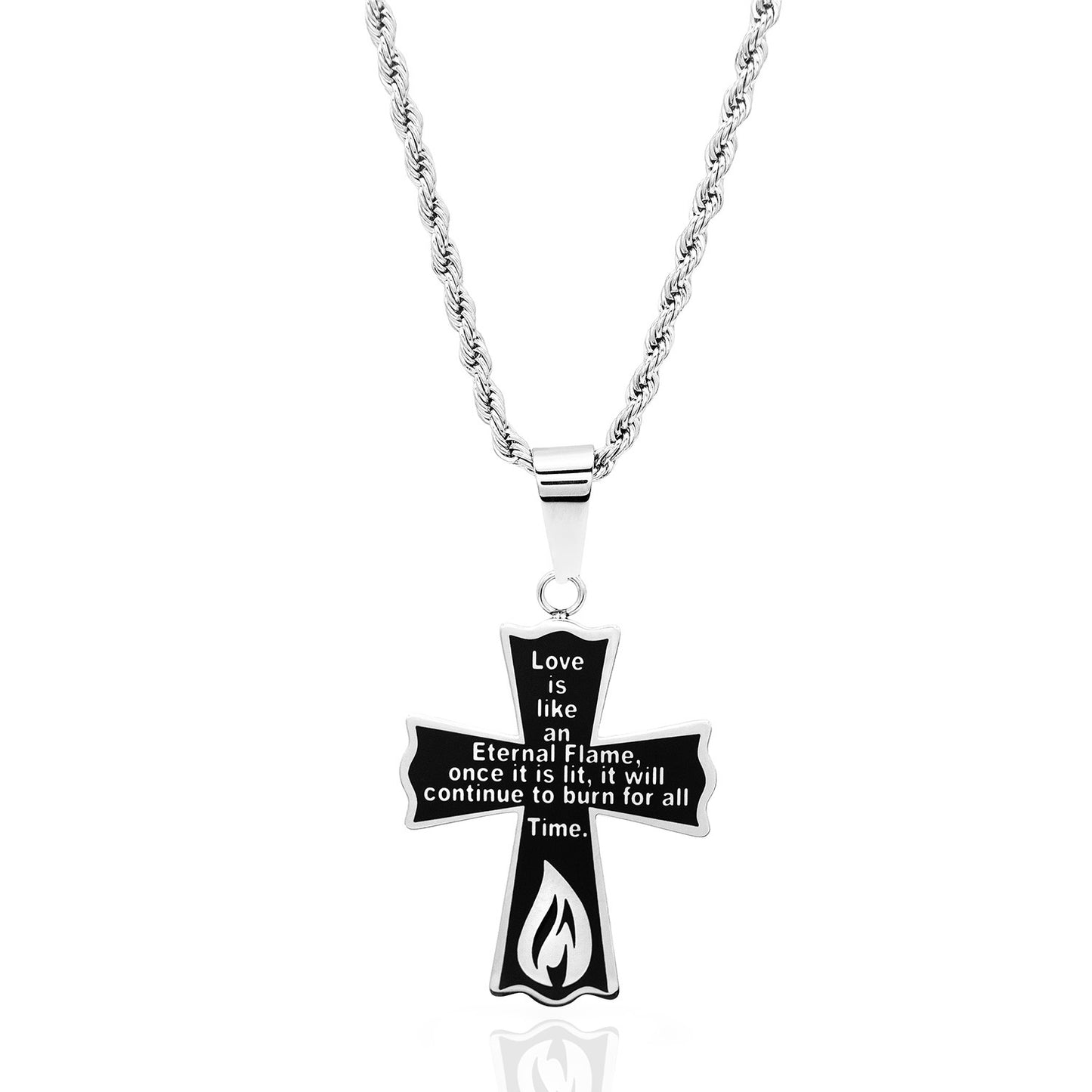 Eternal Flame Love Prayer Stainless Steel Cross Pendant Necklace