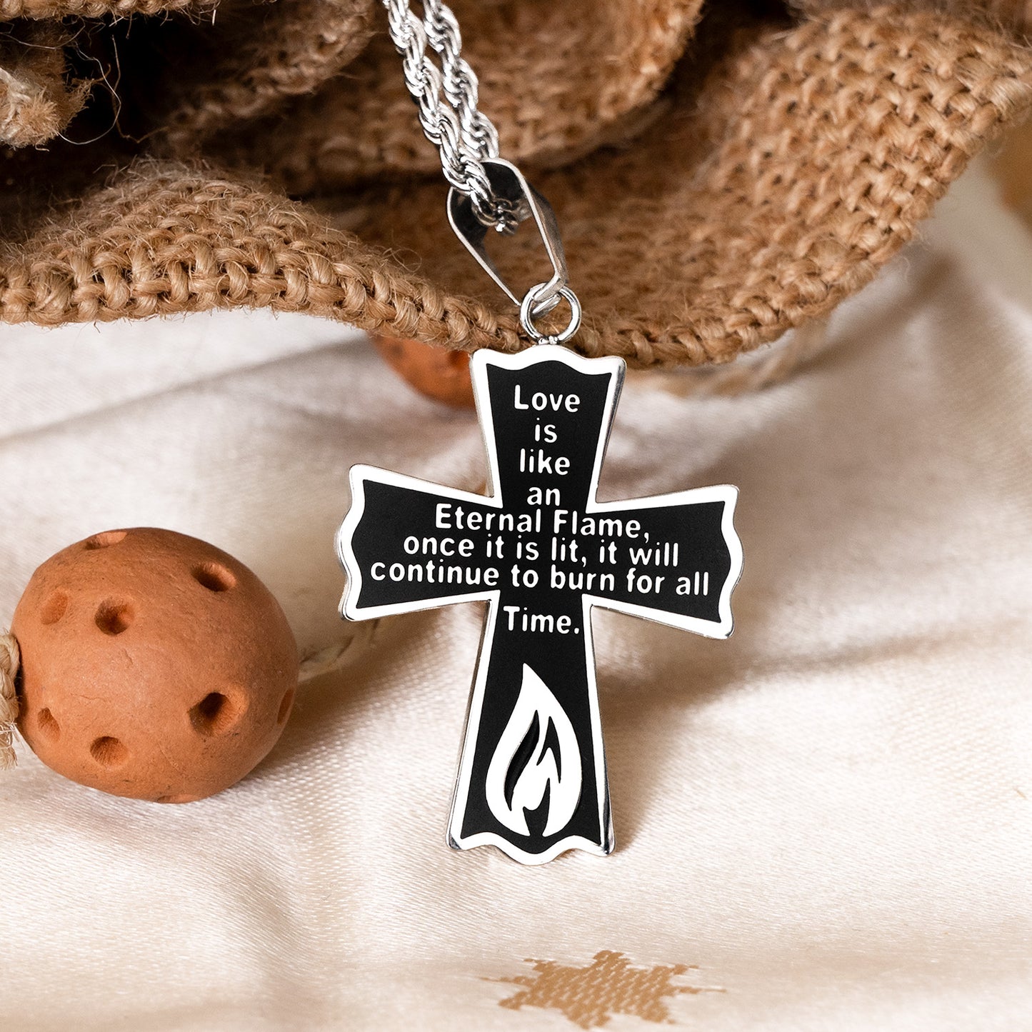 Eternal Flame Love Prayer Stainless Steel Cross Pendant Necklace