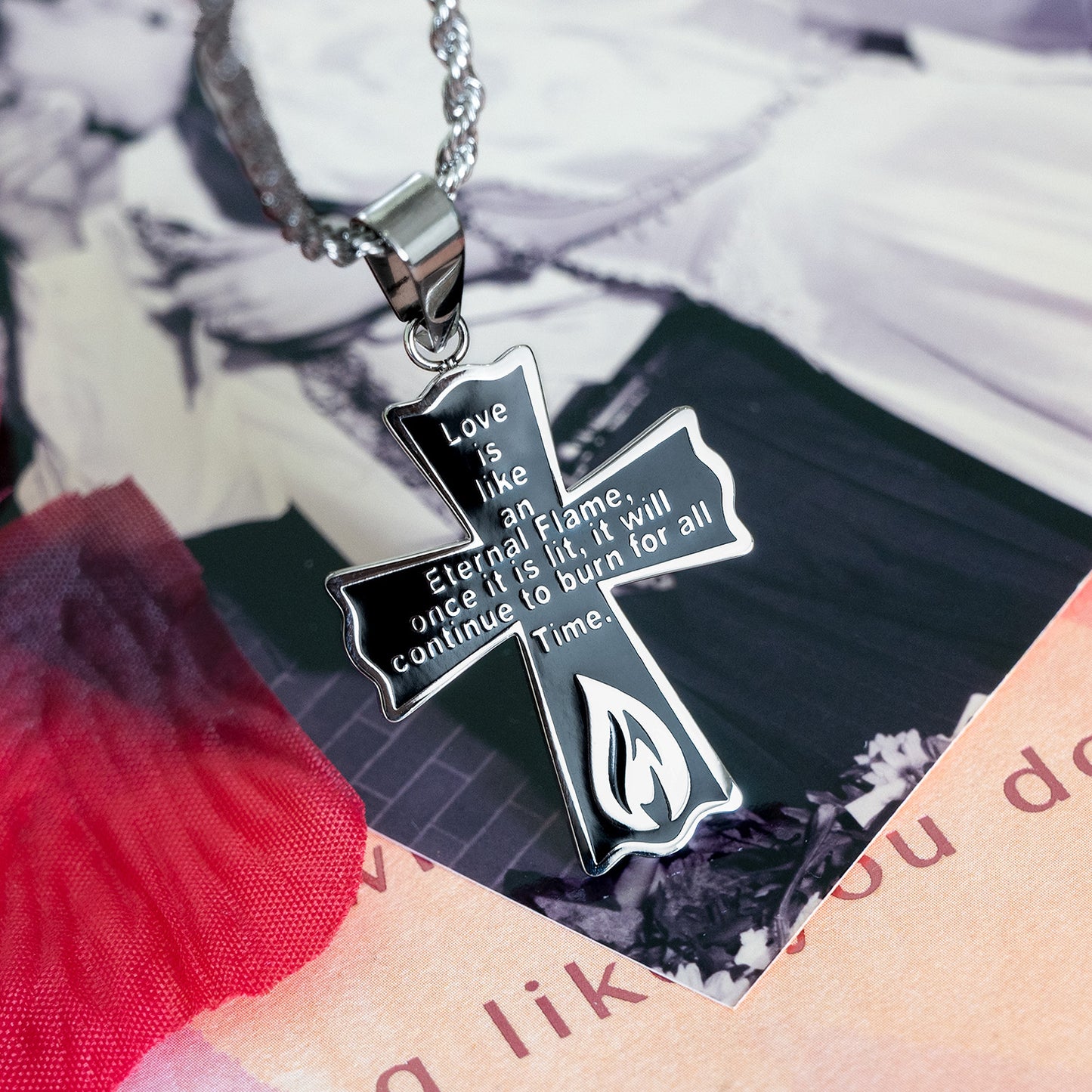 Eternal Flame Love Prayer Stainless Steel Cross Pendant Necklace