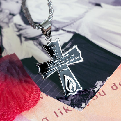 Eternal Flame Love Prayer Stainless Steel Cross Pendant Necklace