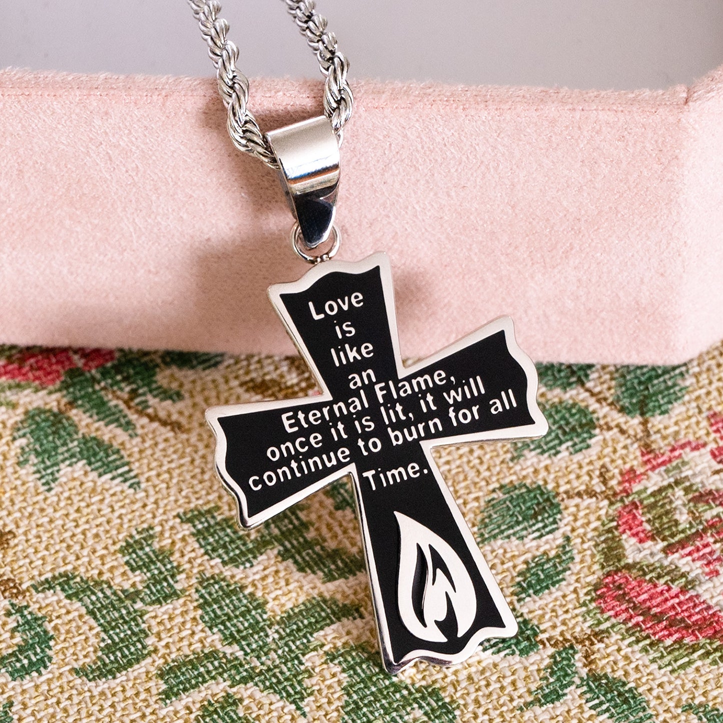 Eternal Flame Love Prayer Stainless Steel Cross Pendant Necklace