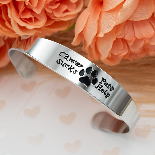 Cancer Sucks Pets Help Pet Dog or Cat Inspirational Cuff Bracelet Stainless Steel for Women or Men Cancer Awareness