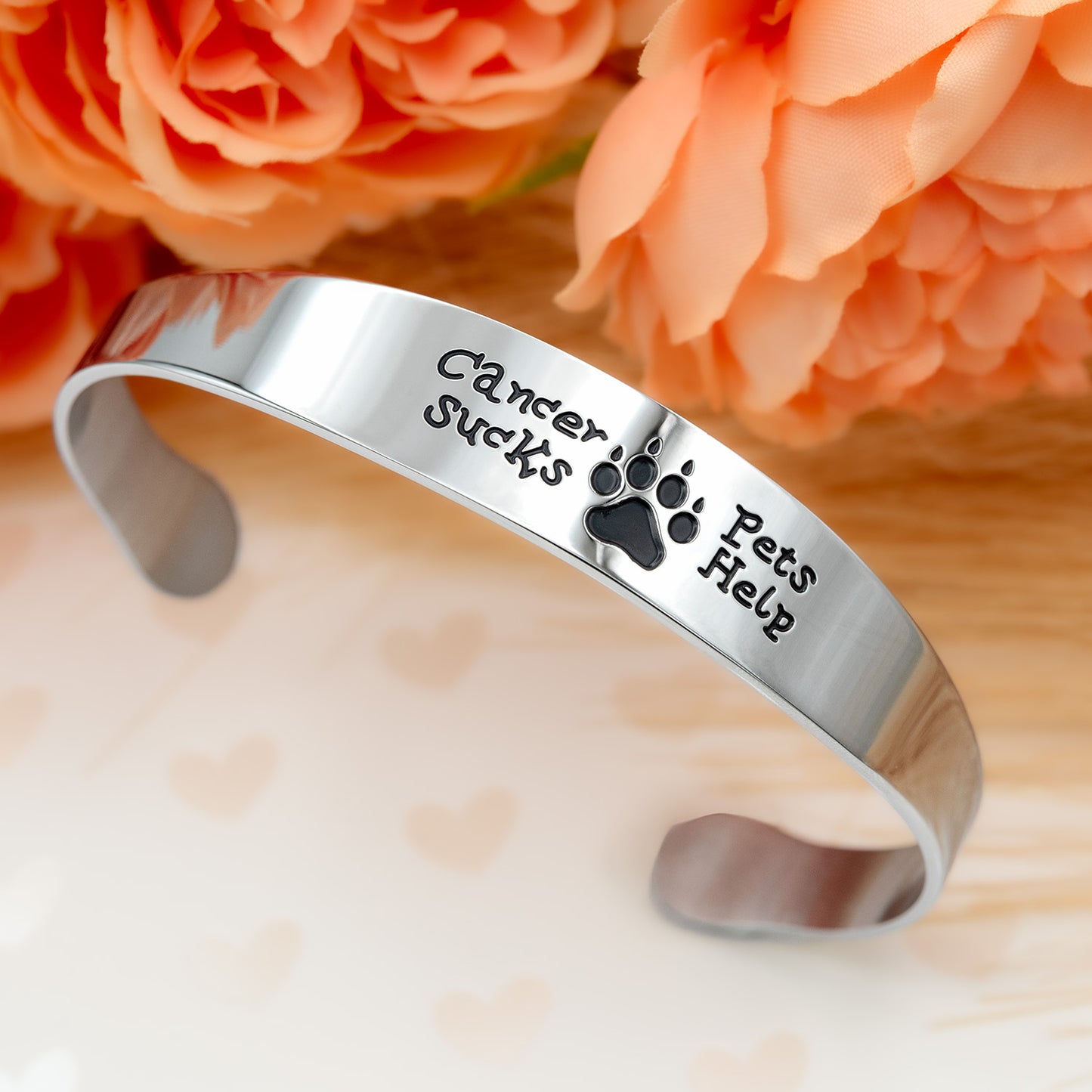 Cancer Sucks Pets Help Pet Dog or Cat Inspirational Cuff Bracelet Stainless Steel for Women or Men Cancer Awareness