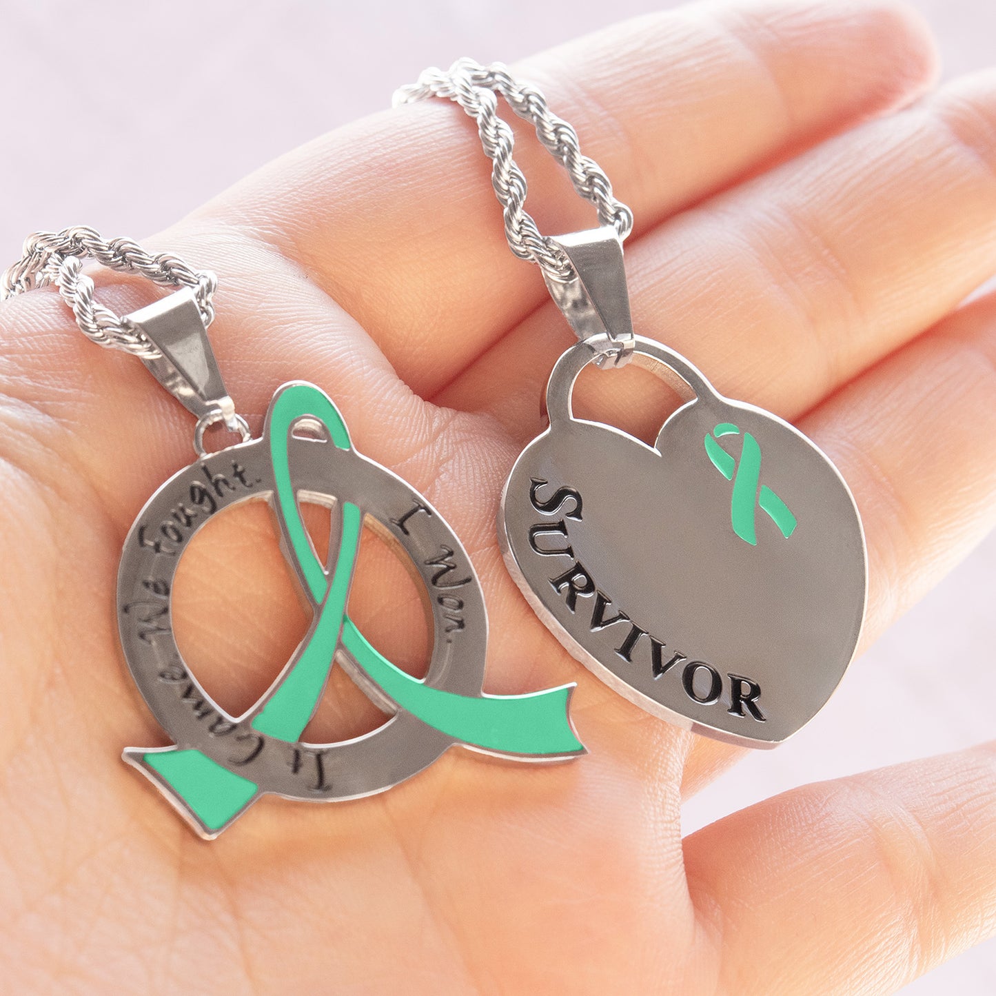 Cancer Awareness Survivor Ribbon Pendant Necklace Stainless Steel