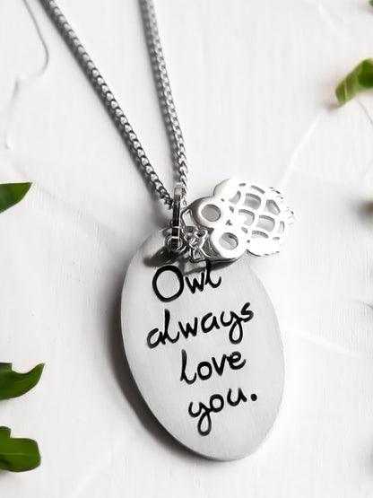 "Owl Always Love You" Oval Pendant Necklace with Owl Charm Stainless Steel Jewelry