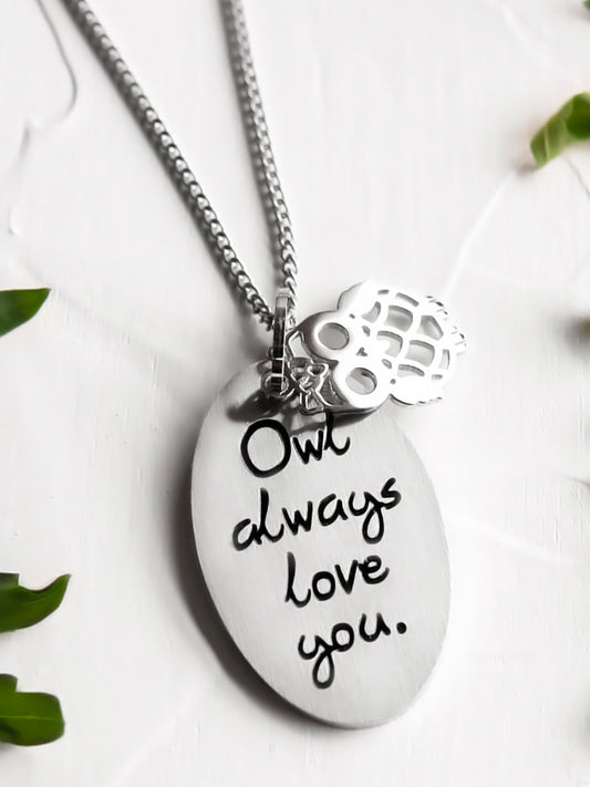 "Owl Always Love You" Oval Pendant Necklace with Owl Charm Stainless Steel Jewelry
