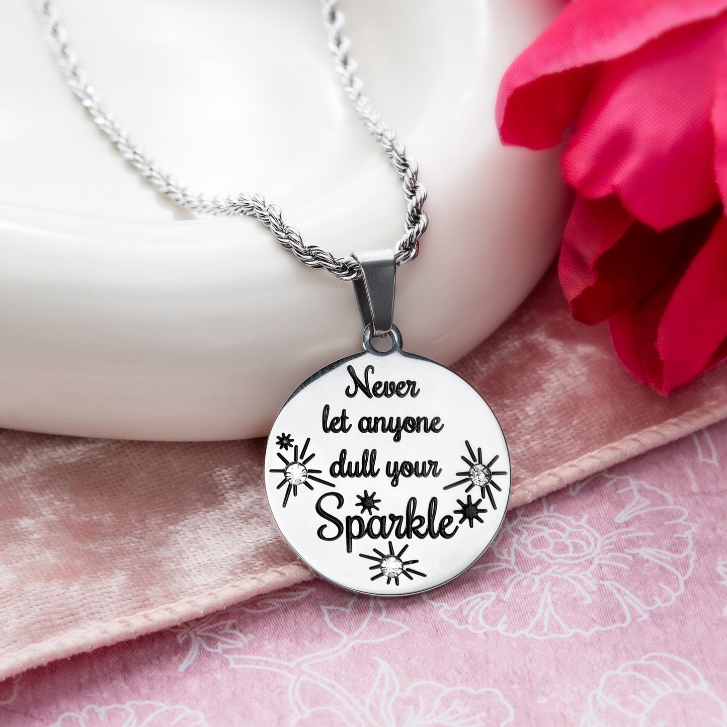 Womens Necklace Engraveable Stainless Steel Never Let Anyone Dull Your Sparkle Pendant with Clear Crystals