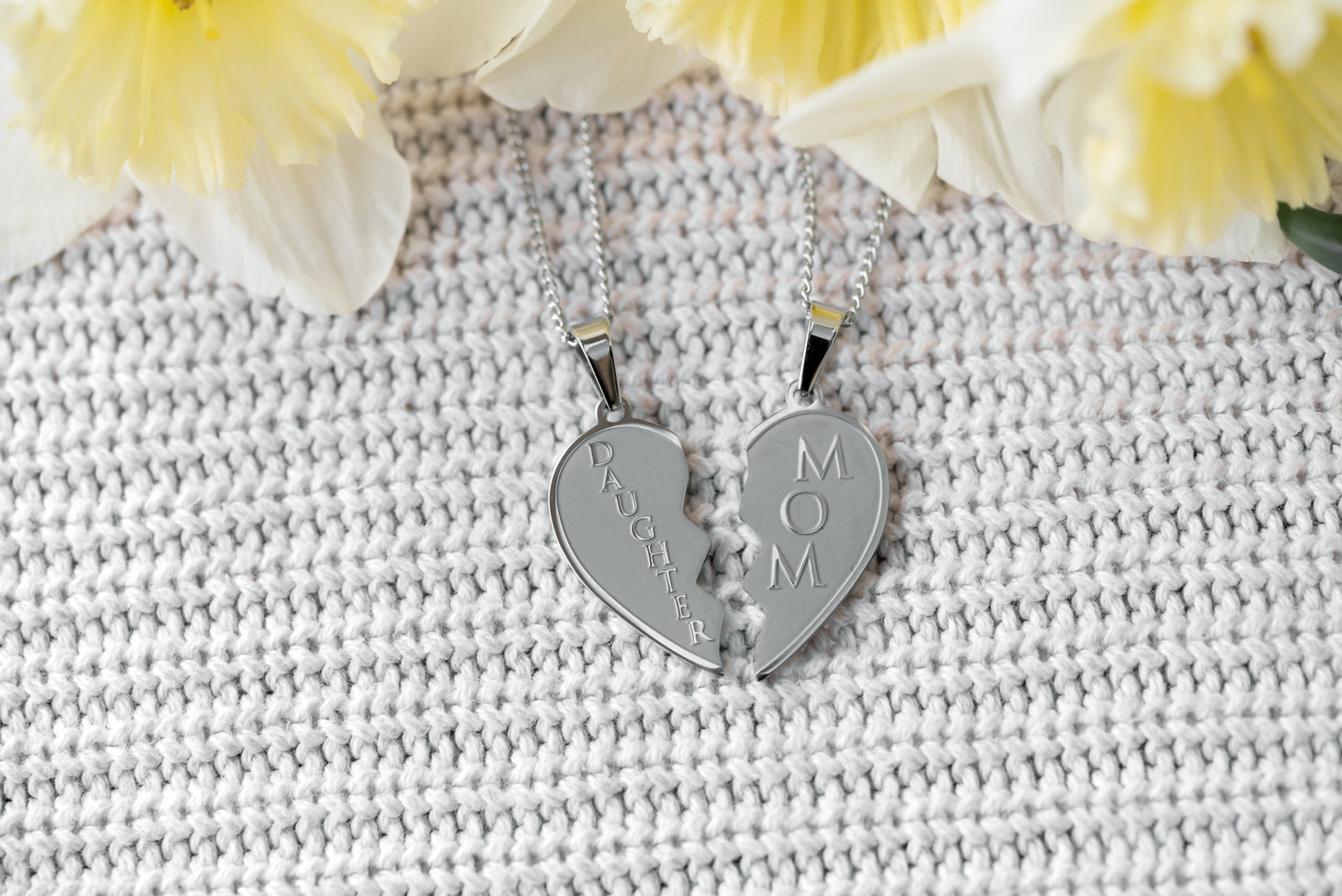Mom and Daughter Stainless Steel Heart Pendant Necklace Set